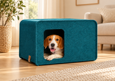 Aquamarinfarbene SONNO Schallschutzbox für Hunde