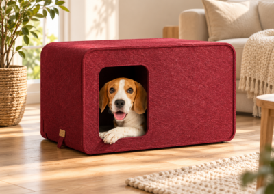 Dunkelrote SONNO Schallschutzbox für Hunde